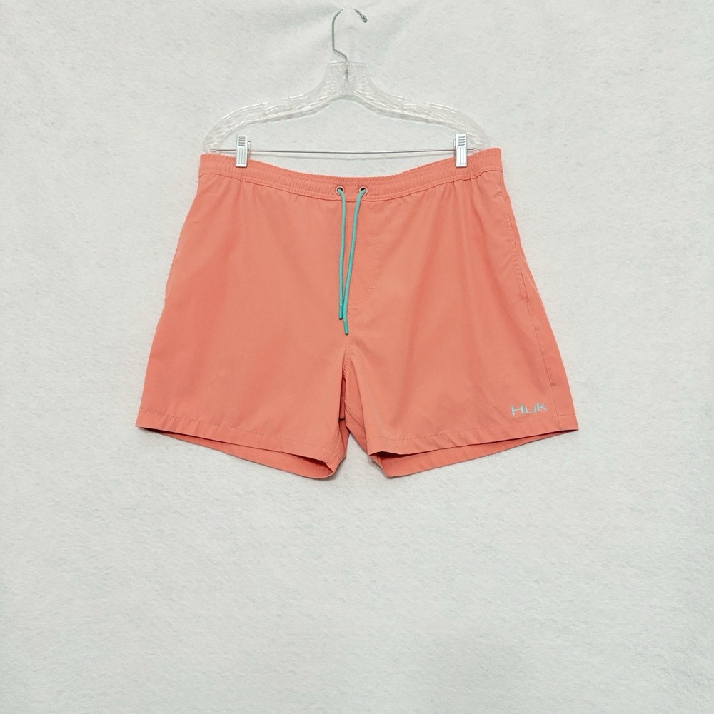 Huk Shorts Men's Large Pursuit Volley Swim Shorts Coral Drawstring Lining 5.5"